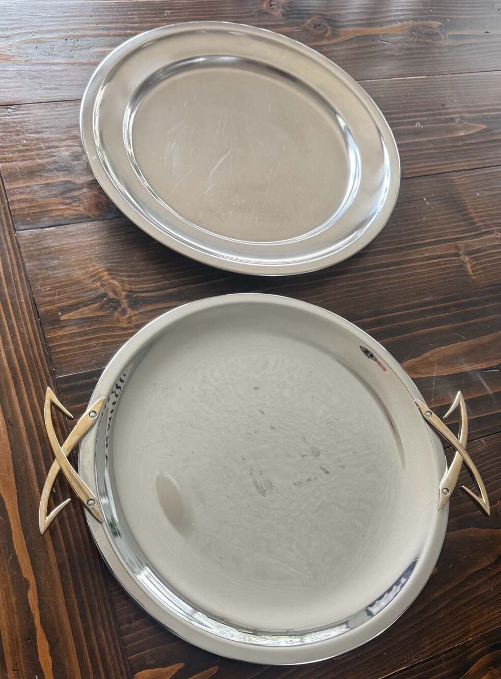 Vintage Kromex Round Chrome Serving Tray with Gold Tone Cross Handles
